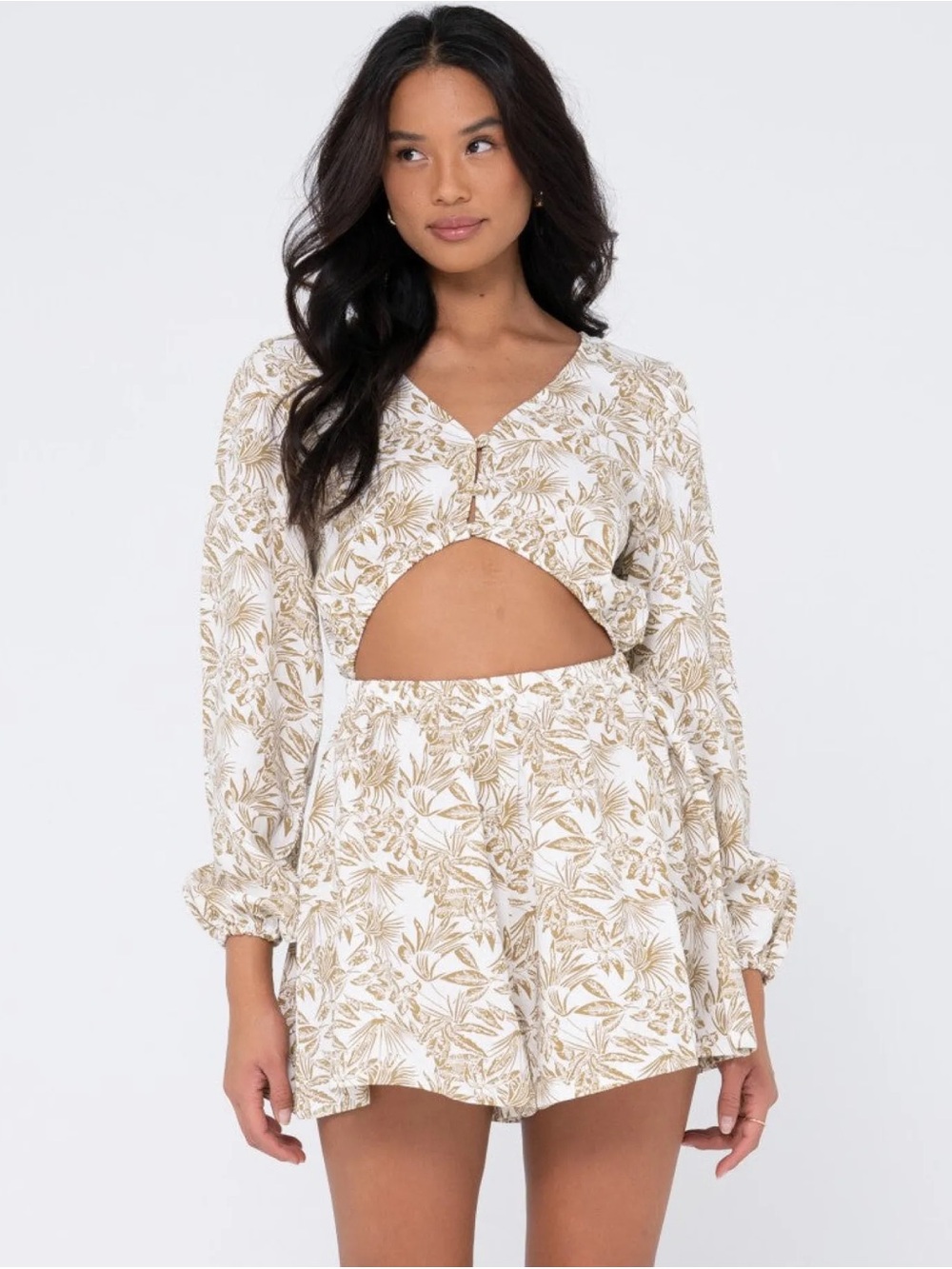 Womens Rusty Salvador Long Sleeve Playsuit Tan & White beach tropical vacation